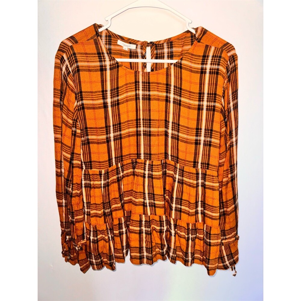 Maurices Blouse Womens Size M Orange Plaid Tiered Peplum Long Sleeve